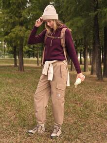 SHEIN In My Nature Women's Solid Color Regular Fit Raglan Sleeve Hooded Sweater - Coffee Brown - View 6