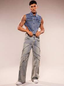 FeverCity 男士时尚性感不对称下摆无袖牛仔上衣，夏季 - 中等水洗藍 - 查看 6