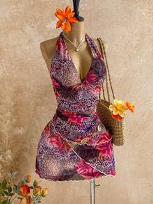 Soleia Vestido mini con estampado de leopardo y flores, con escote halter y espalda descubierta, para vacaciones - Multicolor - Ver 7