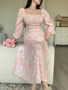 Modelyn Fashionable, Romantic & Elegant Gold Foil Floral Print Pink Women Dress - Baby Pink - View 1