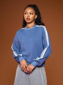 COUREZ 长袖圆领侧条纹上衣/Y2K风格上衣，春季女款休闲蓝色运动上衣 - 藏蓝色 - 查看 4