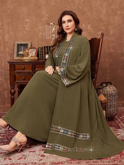 Al Najma Plus Size Women Tassel Design Long Sleeve Arabic Abaya And Sleeveless Dress Elegant Set