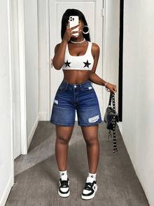 SHEIN SXY 大码女式破洞牛仔紧身时尚性感短裤 - 深色水洗藍 - 查看 5