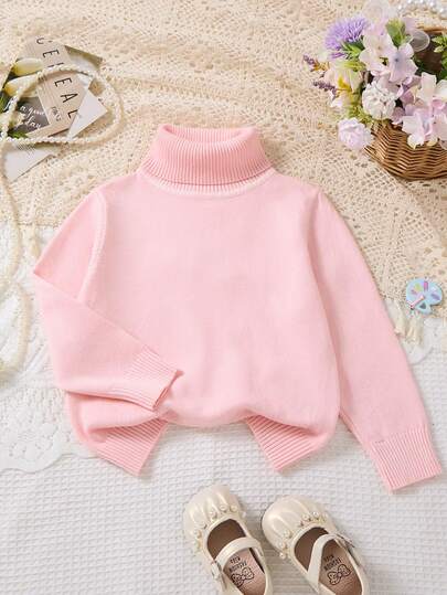 Girls' Turtleneck Mid-Length Solid White Sweater Dress, Comfortable Classic Versatile Style, Suitable For Autumn/Winter