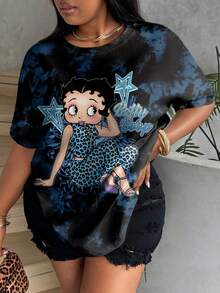 Betty Boop x SHEIN 大码女式夏季休闲日常通勤时尚街头豹纹卡通人物星星字母扎染印花短袖T恤 - 白色 - 查看 7