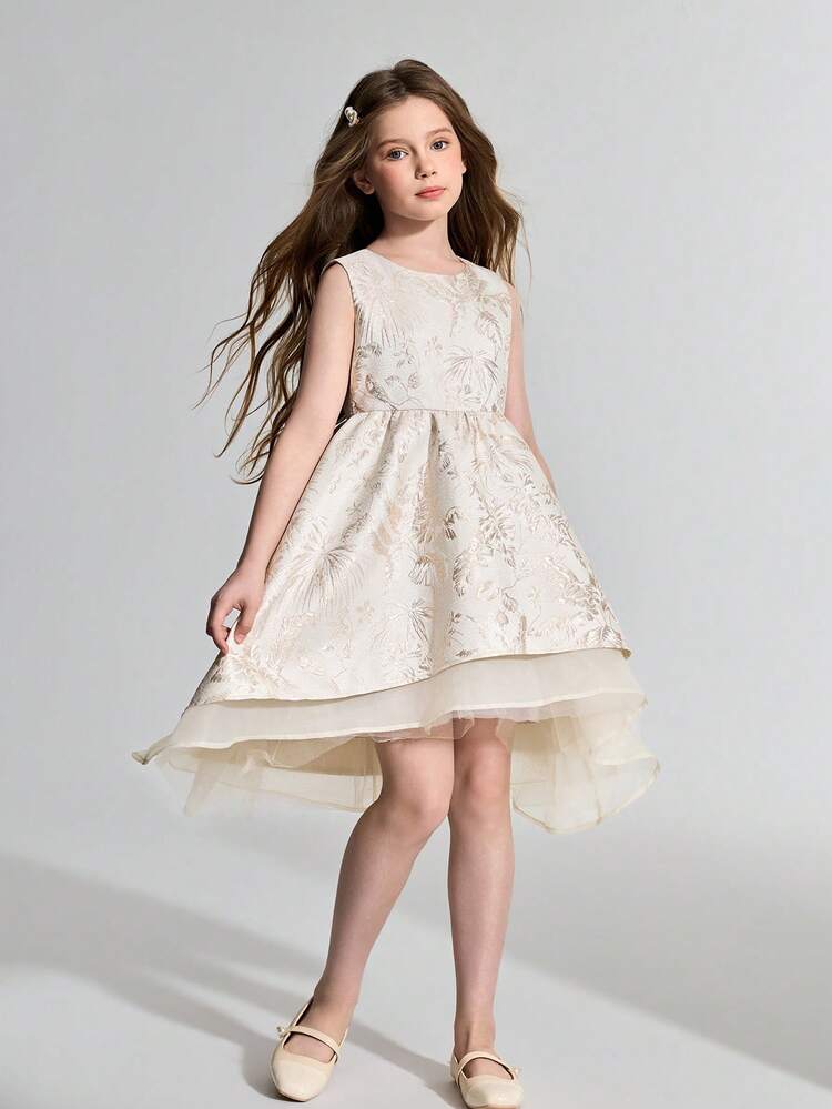 Tween Girl Woven Jacquard Mesh Patchwork Sleeveless Elegant Apricot Dress