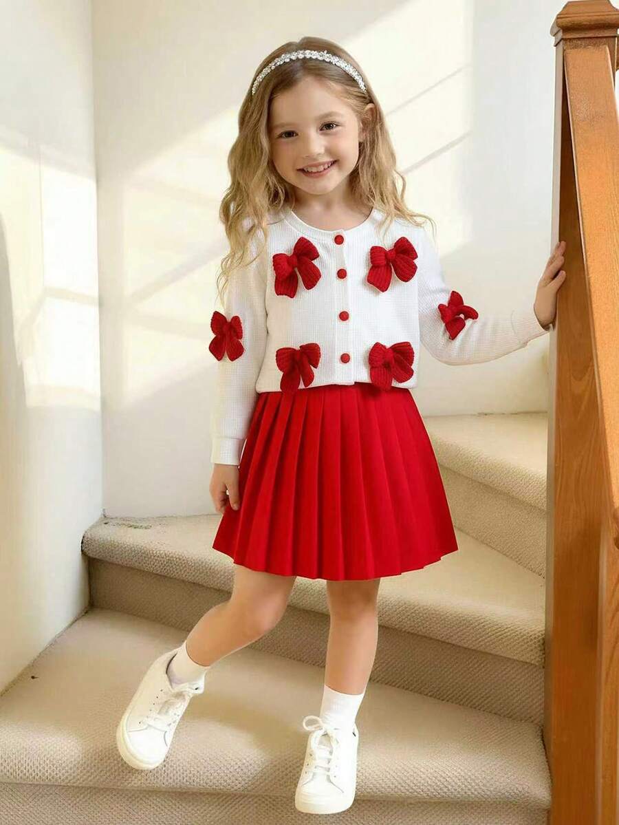 Elladie kids Bộ 2 áo khoác cardigan dệt kim nơ đỏ + chân váy xếp ly màu đỏ cho bé gái, trang phục thời trang phù hợp cho năm mới, lễ hội, tiệc tùng, xuân/thu - Đỏ - Xem 1