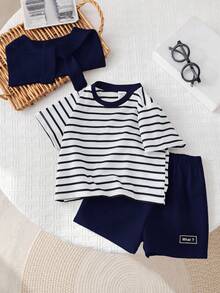 SHEIN 3件套男/女婴夏季可爱条纹短袖上衣、松紧腰短裤、披肩三件套，适合生日派对、晚宴、演出、婚礼、满月、洗礼、一周岁生日庆祝、迎婴派对等场合。