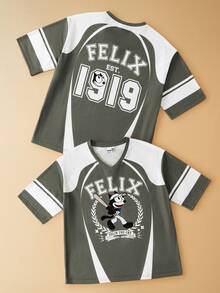 Felix The Cat X SHEIN 男童休闲撞色字母猫咪印花V领短袖上衣，夏季款 - 橄欖綠 - 查看 2