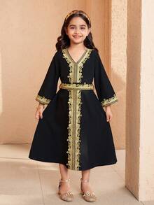 Young Girls Colorblock Printed Long Sleeve Dress Kids Black Abaya Girls Kids Arabian Dress Kids Dress For Girls, Abaya Dress For Girls, Arabian Dress For Girls - Black - View 7