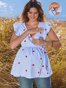 Boho Mama Spring Women Maternity Summer Casual Striped Strawberry Print Tie-Front Nursing Top - Blue - View 3