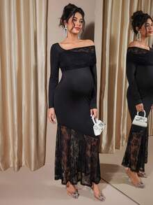 Momance 孕妇露肩蕾丝拼接时尚派对假日长袖美人鱼连衣裙 - 黑色 - 查看 4