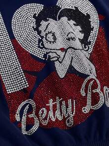 Betty Boop | ROMWE Bộ áo hoodie và quần nhung họa tiết Betty đính đá lấp lánh phong cách Y2K. - Màu xanh hải quân - Xem 6