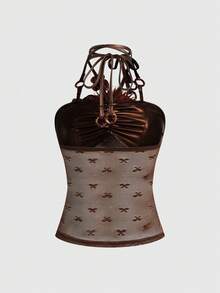 ROMWE EDITION 嬉皮风3D立体花卉装饰撞色蕾丝露背吊带背心（女款） - 棕色 - 查看 2
