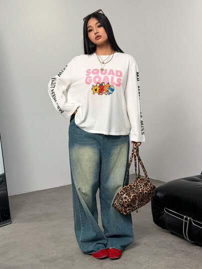 Mr Men Little Miss X SHEIN 大码休闲字母图案圆领长袖T恤，秋季