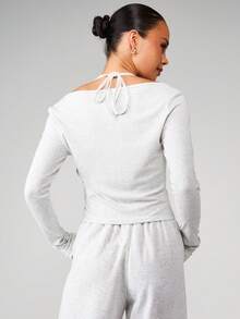 MISSGUIDED 罗纹针织纽扣开衫，蕾丝饰边，后背系带，露肩长袖短款毛衣 - 淺灰色 - 查看 2