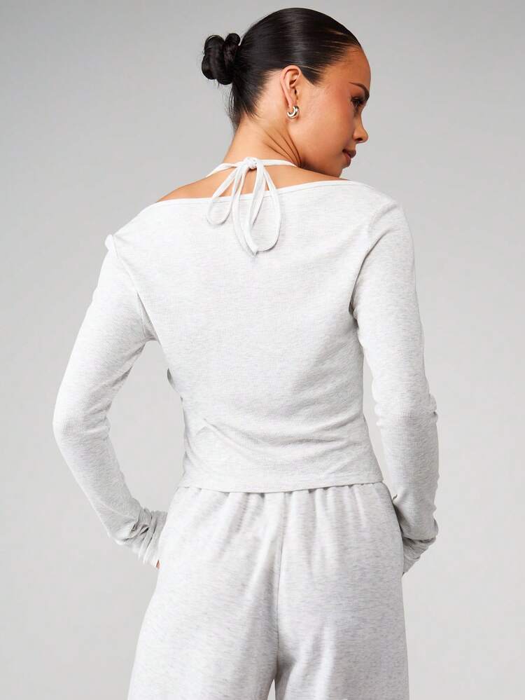MISSGUIDED Ribbed Knit Button Down Cardigan Top With Lace Trim And Tie Back Detail Off Shoulder Long Sleeve Cropped Sweater