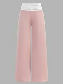 SHEIN 少女白色和粉色拼接针织宽腰撞色宽松裤，舒适休闲百搭长裤 - 白色 - 查看 2