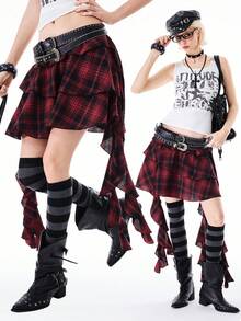 Bloopia Women's Plaid Print Ruffle Hem Retro Skirt - Red - View 1