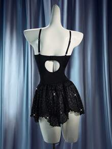 SHEIN 2pcs Women's Sexy Glamorous Rhinestone Mesh Asymmetrical Ruffle Hem Slip Dress Set - Black - View 2