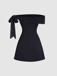 Vestido mini de línea A con cintura ajustada, hombros descubiertos, mangas con lazo asimétrico, adecuado para ir a trabajar, viajar y uso diario, primavera/verano - Negro - Ver 2