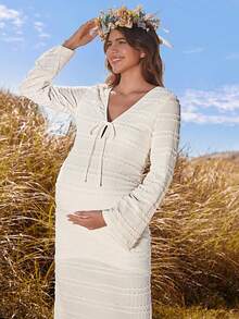 Boho Mama Maternity Apricot Textured Tie-Waist Long-Sleeved Side-Slit Hem Casual Dress - Relaxed Vacation Bohemian Style - Apricot - View 4