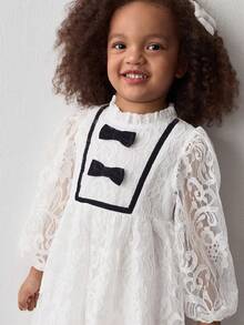 Maija Kids Young Girl White Lace Contrast Bow Cute Casual Dress - White - View 5