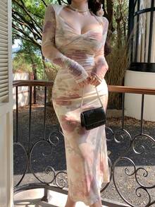 DAZY Floral Print Mesh Slit Midi Dress For Women, Suitable For Valentine's Day, Banquet, Back To School - Apricot - View 1