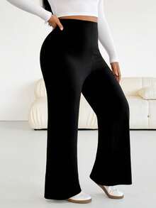 SHEIN Essnce Pantalon droit noir à taille élastique, confortable et polyvalent pour le quotidien, coupe minceur, pour femmes grandes tailles, vêtements de printemps - Noir - Voir 3