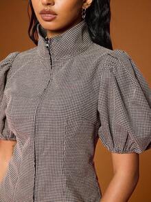COUREZ Zip Up Puff Sleeve Top In Check /Y2K  Spring Clothes For Women Spring Going Out Outfits Going Out Tops Party Top Sexy Tops Cute Tops Festivals Outfits - Grey - View 6