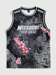 ROMWE MEN Prep 男士休闲花卉字母印花圆领背心 - 黑色 - 查看 1