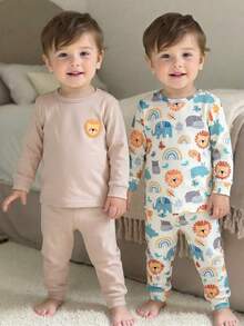 Pixure   Snug Fit 4pcs Baby Boy Knitted Cute Animal Pattern Round Neck Bodysuit & Pants Pajama Set, Toddler Sleep Wear Pajama Baby Set Neutral Baby Clothes Unisex - Multicolor - View 8