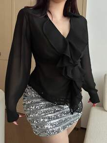 Vibekara New Elegant Sexy Chiffon Faux Blouse Shirred Frill Trim Puff Long Sleeve Shirt Top, Waist Cinched Slim Fit, Short Length - Black - View 4