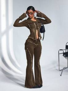 Jeanoix Jeans de campana de tiro bajo lavados con dobladillo deshilachado para mujer - Albaricoque - Ver 6