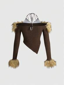 ROMWE Hippie 女士 Y2K 性感复古音乐节二合一毛绒豹纹针织细节露背短款上衣 - 彩色 - 查看 2