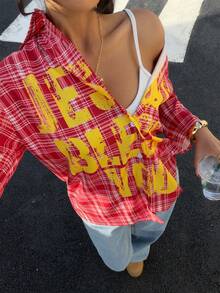 Muchica Women's Plaid & Letter Print Loose Fit Short Sleeve Shirt - Red - View 1