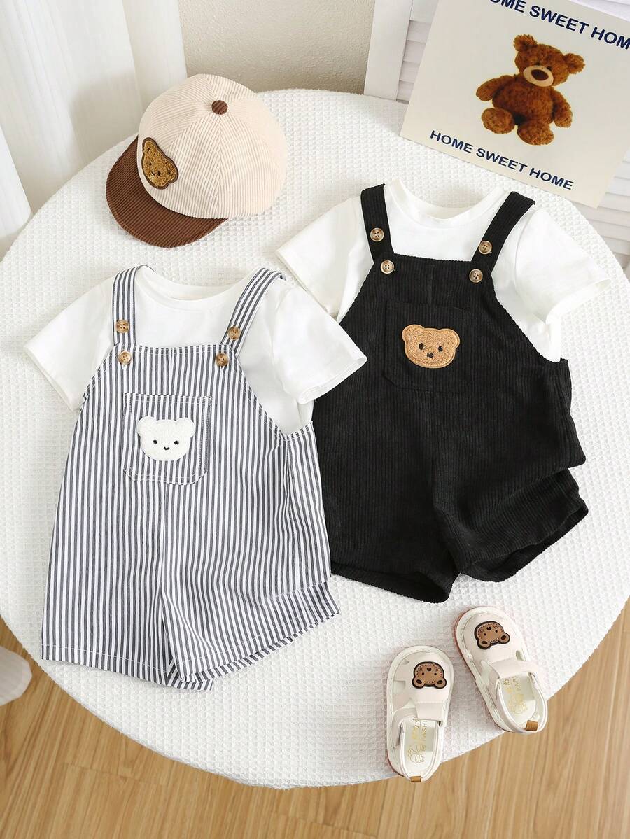 SHEIN Set de 2 piezas Pelele a rayas ajustable con diseño de oso, para bebé niño/niña, primavera/verano - Negro - Ver 1