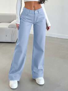 100% Baumwolle einfarbige Jeans mit schräger Tasche und geradem Bein - Mittele Waschung - Übersicht 4