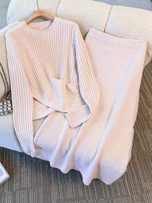 Selianne Conjunto de 2 piezas de top de punto con cuello redondo y bajo cruzado, y falda de cintura elástica ajustada de largo medio, estilo elegante de oficina, para mujer en otoño/invierno - Beis - Ver 4