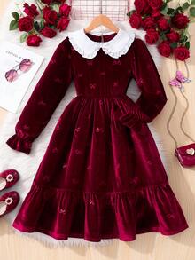 SHEIN Tween Girl' Velvet Dress,Burgundy,Autumn,Elegant,Party Wear With Embroidered Color-Block Collar Applique,Fashionable Holiday Autumn/Winter Clothing - Red - View 3