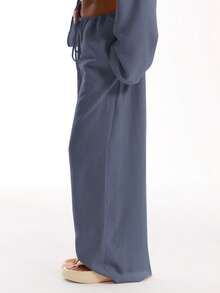 MUSERA 系带亚麻质感沙滩裤，优雅夏季度假阳光休闲波西米亚风白色机场派对装扮 - 深灰色 - 查看 4