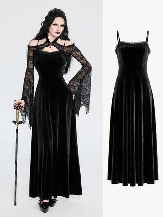 Breakform Women's Gothic Elegant Velvet Splice Lace Trim Fitted Slip Dress, Suitable For Daily Outings And Dates