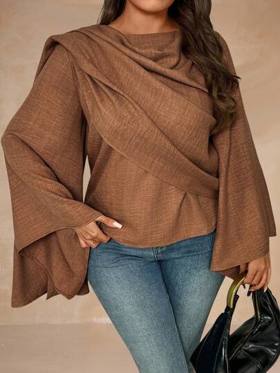 SHEIN Clasi Plus Size Casual Crinkle Shawl Collar Blouse For Women, Autumn/Winter