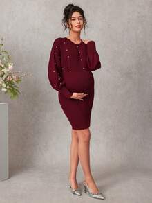 SHEIN Elegant Burgundy Autumn Maternity Sweater Dress,Fitted Solid Long Sleeve Pullover With Twisted Rope Flower For Baby Shower,Casual Wear & Dates - Burgundy - View 6