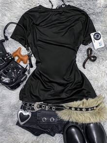 Glimmora Women's Printed V-Neck T-Shirt, Y2K Retro Gothic Style Top, 2000s Streetwear Shirt, Emo Alternative Style Women's Clothing - Multicolor - View 2