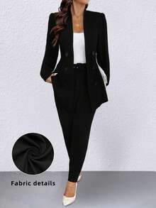 SHEIN Clasi Women's Simple Office Lady Style Long Sleeve Jacket & Pocket Design Pants Suit Set, Versatile For Commuting Fall Cloth For Women - Black - View 1