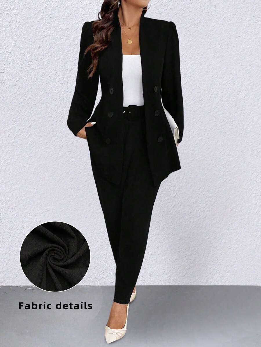 SHEIN Clasi Women's Simple Office Lady Style Long Sleeve Jacket & Pocket Design Pants Suit Set, Versatile For Commuting Fall Cloth For Women - Black - View 1