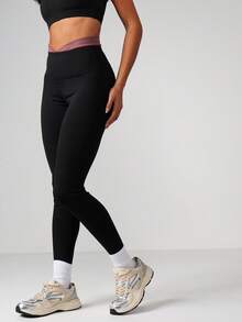 MISSGUIDED Legging Pinggang Tinggi dengan Karet Pinggang Kontras Panjang Penuh Elastis untuk Olahraga, Celana Ketat Kompresi Performa, Bawahan untuk Kebugaran, Lari, Yoga - Hitam - View 5