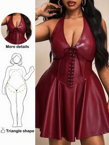 Truni 大码女装派对节日庆典Y2K交叉露背PU皮迷你吊带连衣裙，红色圣诞裙，情人节礼服，适合梨形和三角形身材 - 酒紅色 - 查看 3