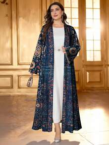 SHEIN Najma 大码女士复古花卉印花长袖休闲阿拉伯长袍，春秋季 - 彩色 - 查看 3